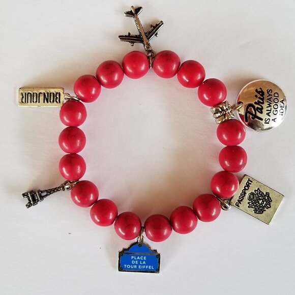 Hand Crafted Paris Red Gemstone Charm Bracelet 6.25" Stretch - Picture 1 of 9